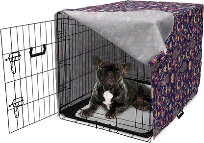 Lunarable Hipster Dog Crate Cover, Hand Drawn Starry Scene of Constellation Crescent Space-Themed Layout, Easy to Use Pet Kennel Cover for Cats & Medium Dogs, 24 Inch, Navy Blue and Multicolor
