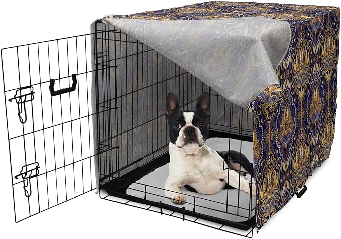 Ambesonne East Dog Crate Cover, Oriental Antique Pattern Foliage Inspirations Geometrical Design, Easy to Use Pet Kennel Cover for Small Dogs Puppies Kittens, 18 Inch, Purple Yellow