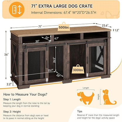 IDEALHOUSE 71" Extra Large Dog Crate Furniture, Wooden Double Dog Crates Kennel Cage,Furniture Style Tv Stand Side End Table for 2 Dogs With Removable Divider for Large Dogs,3 Storage,Dark Walnut/Ligh