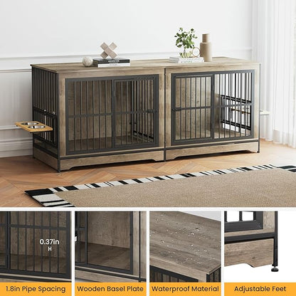 78'' Double Dog Crate Furniture, XL Double Dog Kennel with 360° Rotating and Adjustable Height Dog Bowl Holder (4 Bowls), Grey Furniture Kennel with Divider for Small Medium Large Dogs