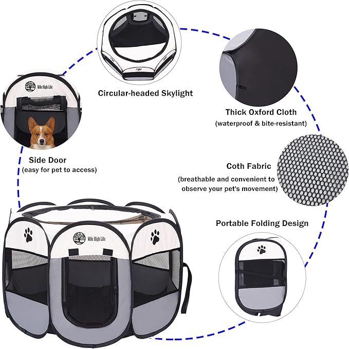 Mile High Life | Foldable Dog Playpen | Portable Dog Crate w Removable Shade Cover | Dog Kennel Indoor/Outdoor w Carry Case | Pen Tent for Dog/Cat/Rabbit(Gray, Small (29"x29"x17"))