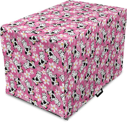 Lunarable Cow Dog Crate Cover, Cartoon Pattern Domestic Farm Animal and Daisy Flowers, Easy to Use Pet Kennel Cover for Medium Large Dogs, 48 Inch, Pink Charcoal Grey