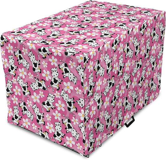 Lunarable Cow Dog Crate Cover, Cartoon Pattern Domestic Farm Animal and Daisy Flowers, Easy to Use Pet Kennel Cover for Medium Large Dogs, 48 Inch, Pink Charcoal Grey