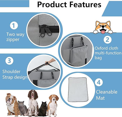 FDW 42 Inch Soft Collapsible Dog Crate 3-Door Open Dog Kennel with Mesh Window Portable Travel Pet Crate Indoor & Outdoor Pet Home, Grey