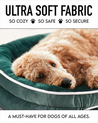 OhGeni Orthopedic Dog Bed for Large Dogs, Dog Couch Design with Egg Foam Support, Removable, Machine Washable Plush Cover and Non-Slip Bottom with Four Sided Bolster Cushion (Dark Green)