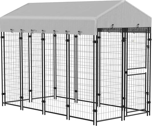 PawHut 7.8' x 6' Dog Kennel Outdoor with Waterproof Cover, Dog Playpen for Extra Large Dogs with Two Part Door Design, Silver