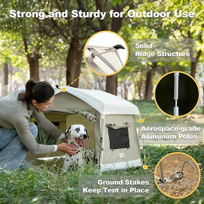 Dog Tent Cotton Fabric, Aluminum Poles and Camping Mat, Outdoor Weatherproof, Dog House Outdoor, Breathable with 2 Side Windows, Portable and Collapsible (Gray, Large)