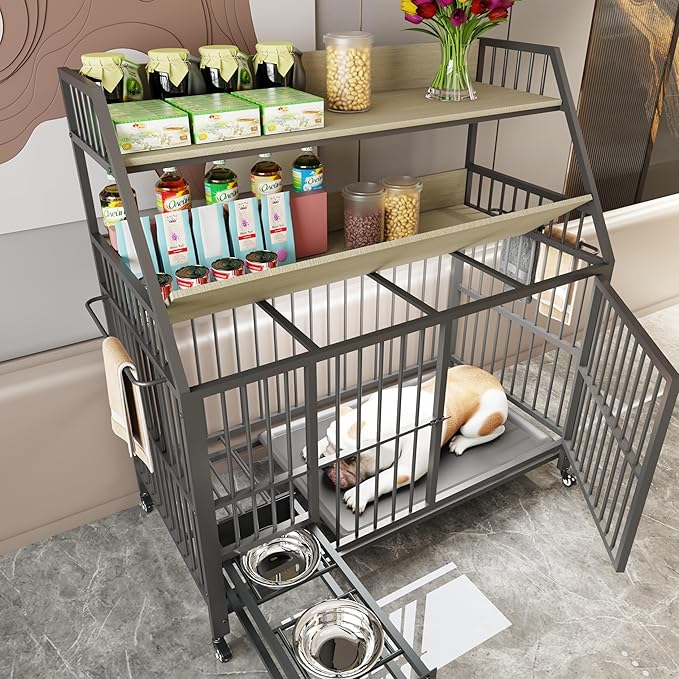 KEIKI 47 Inch Dog Crate Furniture for Large Medium Dogs, with Storage Shelves and Bowls, Indoor Dog Cage with 360° Caster Wheels & Flip-top Plate, Beige