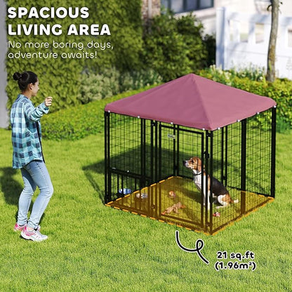 PawHut 4.6' x 4.6' x 5' Outdoor Dog Kennel, Welded Wire Heavy Duty Dog Run with 360° Rotating & 4 Level Adjustable Bowls, Dog Kennel Outside with Waterproof & UV Resistant Cover, for S&M Dogs