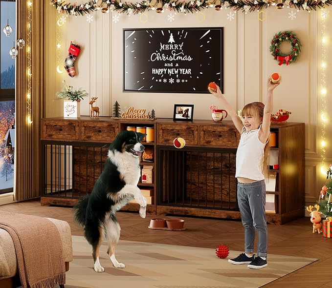 IDEALHOUSE 47” Large Dog Crate, Dog Kennel Indoor with 2 Drawers and 4 Shelves, Dog Crate Furniture TV Stand, Wooden Dog Cage for Medium Large Dogs, Brown