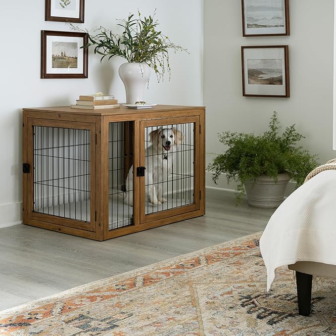 Furniture-Style Dog Crate - Acacia Wood Kennel for Large Dogs with Double Doors and Cushion - Dog Kennel Furniture by PETMAKER (Natural)
