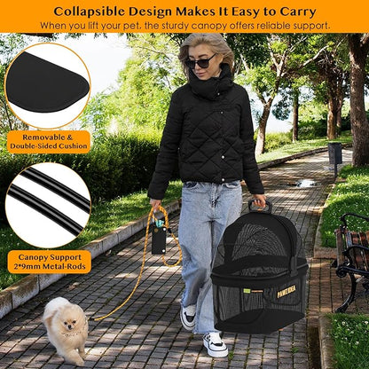 PAWZIDEA Portable Small Dog Crate for Car Travel, Enclosed Pet Car Seats for Small/Medium Dogs & Cats, Reversible No-Zip Canopy, Soft-Sided Pet Carrier Cage, Collapsible Travel Dog Kennel, Chew-Proof