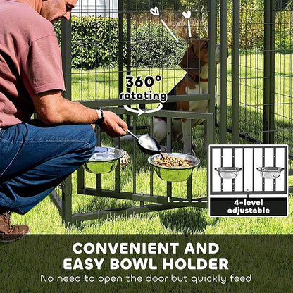 PawHut 3.9' x 3.9' x 4.5' Outdoor Dog Kennel, Welded Wire Heavy Duty Dog Run with 360° Rotating & 4 Level Adjustable Bowls, Dog Kennel Outside with Waterproof & UV Resistant Cover, for S&M Dogs