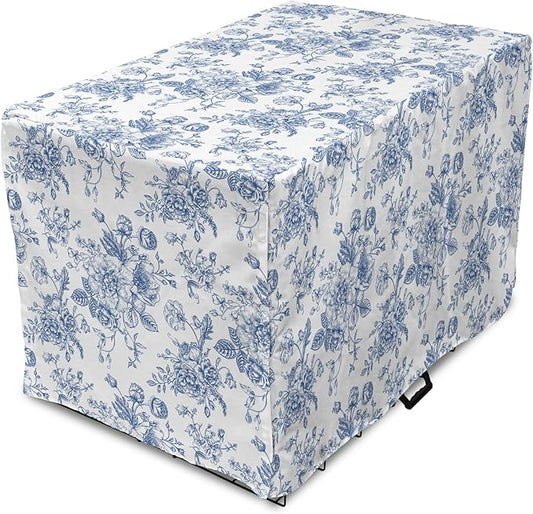 Lunarable Flowers Dog Crate Cover, Floral Themed Monochromatic Roses Peonies Bells Peas Bouquet Composition, Easy to Use Pet Kennel Cover for Medium Large Dogs, 36 Inch, White Blue