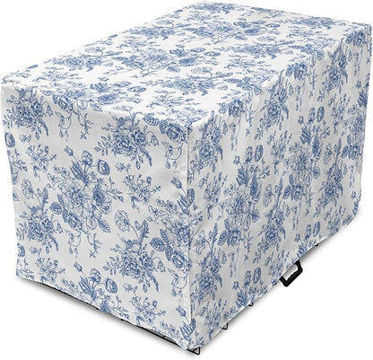 Lunarable Flowers Dog Crate Cover, Floral Themed Monochromatic Roses Peonies Bells Peas Bouquet Composition, Easy to Use Pet Kennel Cover for Small Dogs Puppies Kittens, 18 Inch, White Blue