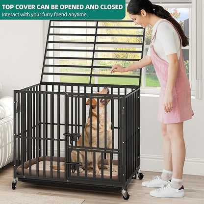 YITAHOME Heavy Duty Indestructible Dog Crate, 37 inch Escape Proof Dog Cage Kennel with Lockable Wheels, High Anxiety Dog Crate, Large Crate Indoor for Small Dog with Removable Tray