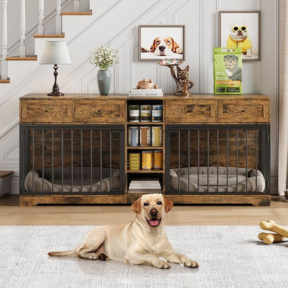 IDEALHOUSE 82” Large Dog Crate for 2 Dogs, Dog Kennel Indoor with 4 Drawers and Shelves, Double Dog Crate Furniture TV Stand, Wooden Heavy Duty Dog Crate for Medium Large Dogs, Rustic Brown
