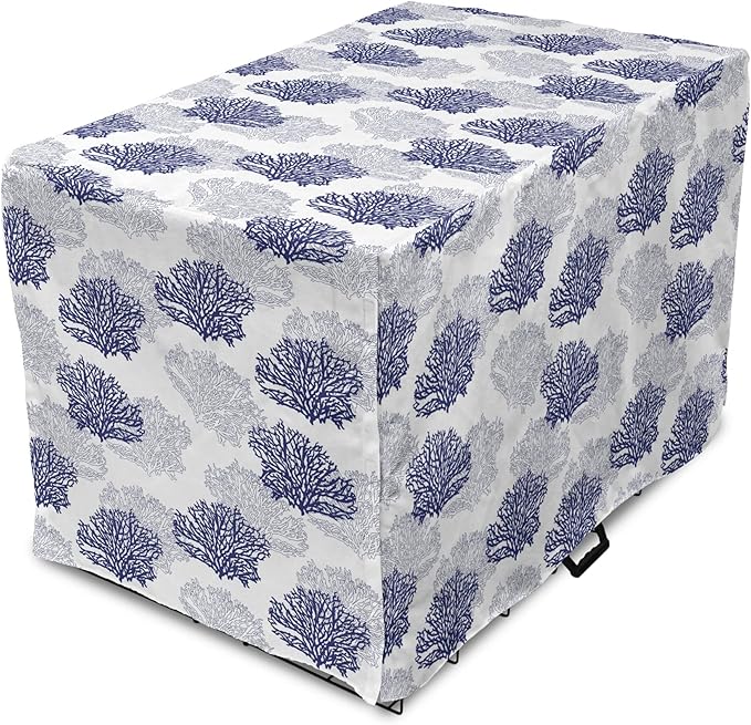 Lunarable Blue Nautical Dog Crate Cover, Demonstration of Coral Sea Plantation Drawings on a Plain Background, Easy to Use Pet Kennel Cover for Medium Large Dogs, 48 Inch, Night Blue White