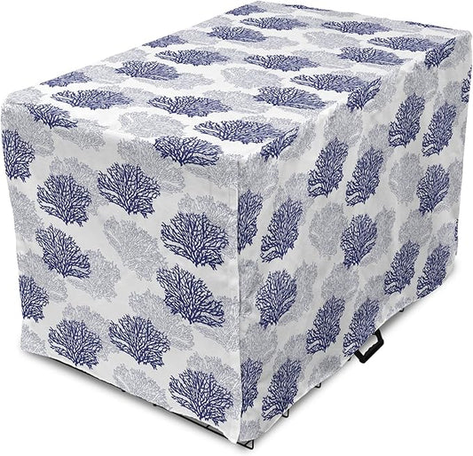 Lunarable Blue Nautical Dog Crate Cover, Demonstration of Coral Sea Plantation Drawings on a Plain Background, Easy to Use Pet Kennel Cover for Cats & Medium Dogs, 24 Inch, Night Blue White