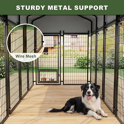 Greesum Large Outdoor Dog Kennel, Heavy Duty Welded Wire Steel Dog Playpen Fence with Secure Lock/UV-Resistant Waterproof Roof Cover/Rotaing Feeder Bowls, for Small/Medium/Large Dogs, XL