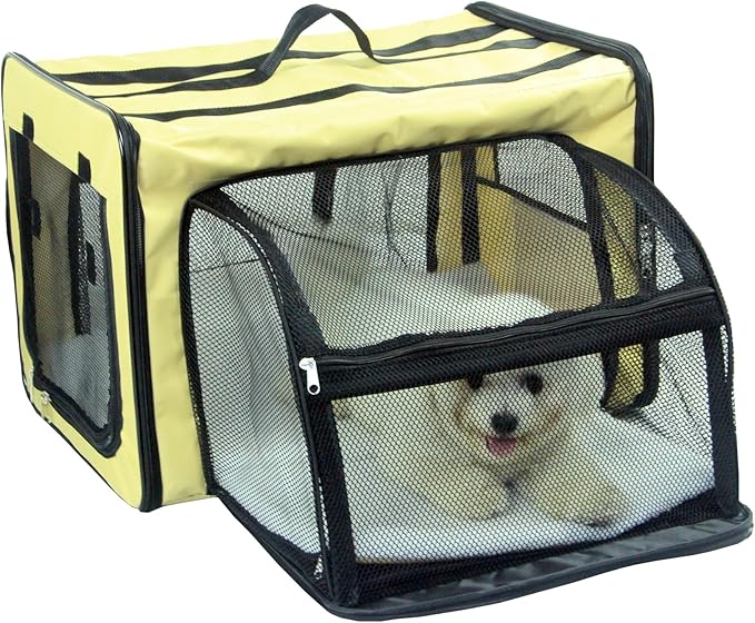 PET LIFE 'Capacious' Dual-Sided Expandable Spacious Wire Folding Collapsible Lightweight Pet Dog Crate Carrier House, Medium, Khaki