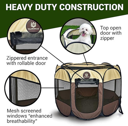 Puppy Playpen – Medium Sized Pet Playpen for Indoor & Outdoor use, Playpen for Dogs, Cats, Pets – Portable Collapsible Small Dog Playpen Crate with Mesh Side Panels - Carry Bag Included