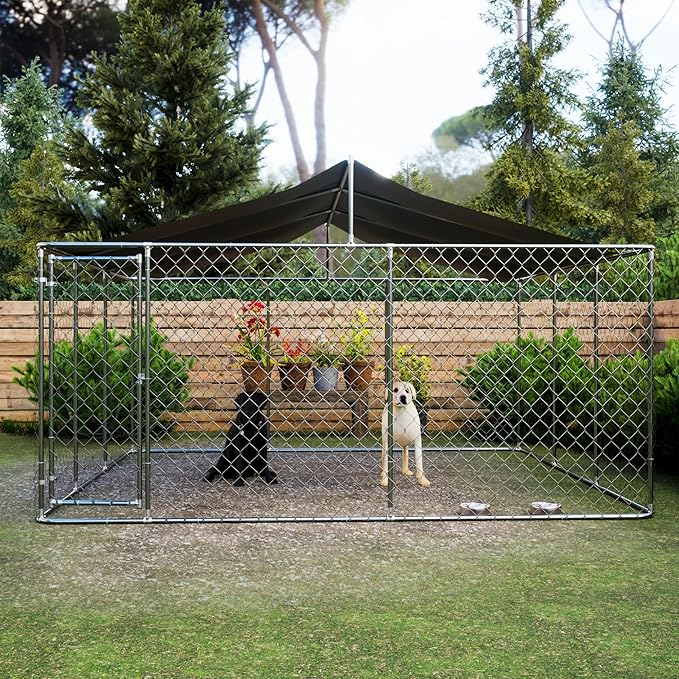 Outdoor Dog Kennel Dog Crate with Lockable Swing Gate,Water & UV Resistant Dog Enclosure Outdoor W/Pitched Roof,Heavy Duty Dog Pens Dog House Outside for Large Dogs,Gray(178"x178")