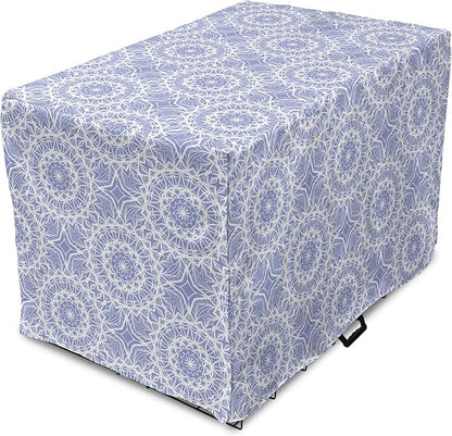 Lunarable Mandala Dog Crate Cover, Ceremonial Retro Minimal Far Eastern Pattern, Easy to Use Pet Kennel Cover for Medium Large Dogs, 42 Inch, Lavender Blue and White