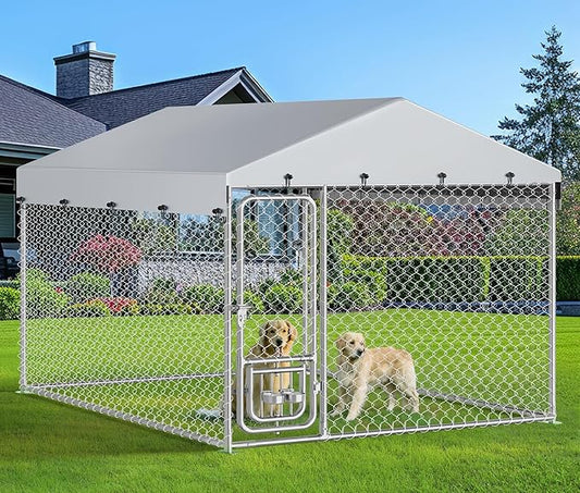 DWVO 7.5'x7.5' Large Dog Kennel Outdoor with Rotating Feeder Bowls, Outdoor Dog Pens with Roof, Heavy Duty Dog Cage for Medium Large Dogs
