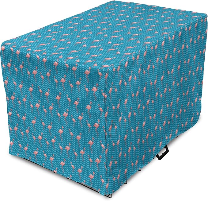Lunarable Flamingo Dog Crate Cover, Tropical Romance Birds on Wavy Horizontal Stripes Hawaiian Love Doodle, Easy to Use Pet Kennel Cover for Medium Large Dogs, 42 Inch, Azure Blue and Coral