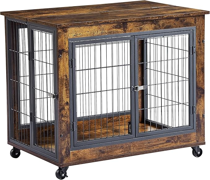 Furniture Style Dog Crate Side Table on Wheels,Decorative Pet House Heavy Duty Kennel with Double Doors and Lift Top,for Small and Medium Dogs,31.50'' W x 22.05'' D x 25'' H,Rustic Brown