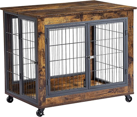 Furniture Style Dog Crate Side Table on Wheels,Decorative Pet House Heavy Duty Kennel with Double Doors and Lift Top,for Small and Medium Dogs,31.50'' W x 22.05'' D x 25'' H,Rustic Brown