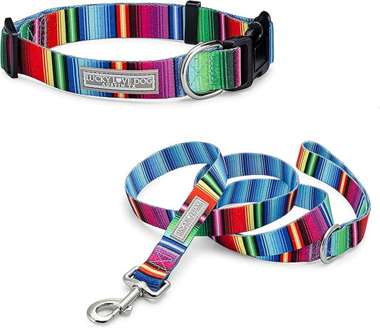 Lucky Love Dog Combo Set, Colorful Striped Dog Collar & Leash Set, Matching Collar and Leash for Tiny Girl or Boy Dogs, Nacho Combo, XS