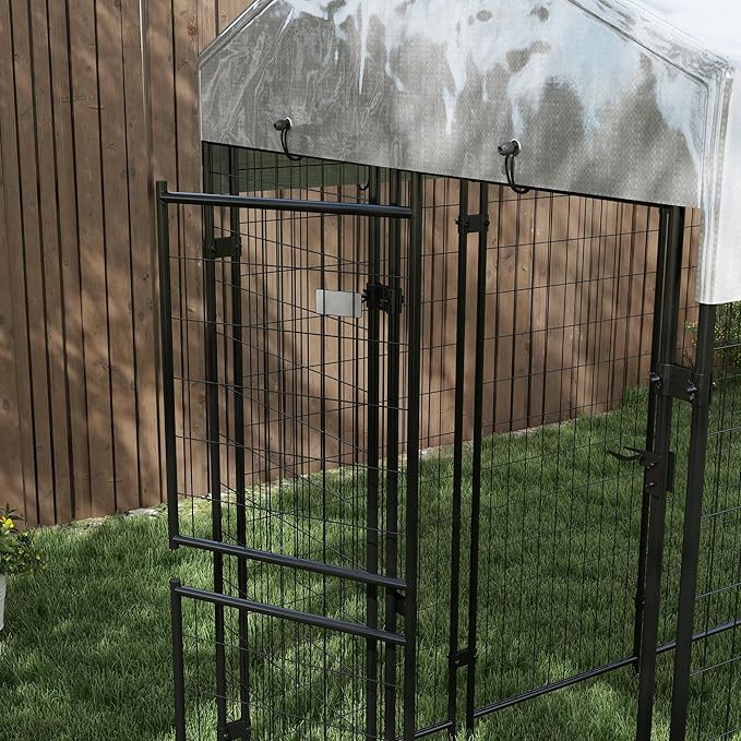 PawHut 7.8' x 6' Dog Kennel Outdoor with Waterproof Cover, Dog Playpen for Extra Large Dogs with Two Part Door Design, Silver