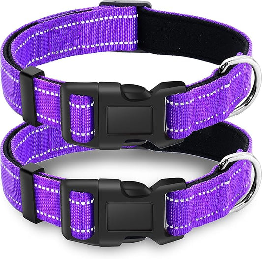2 Pack Reflective Dog Collar with Safety Locking Buckle, Adjustable Soft Breathable Comfortable Nylon Pet Collar for Small, Medium and Large Dogs, Purple, M