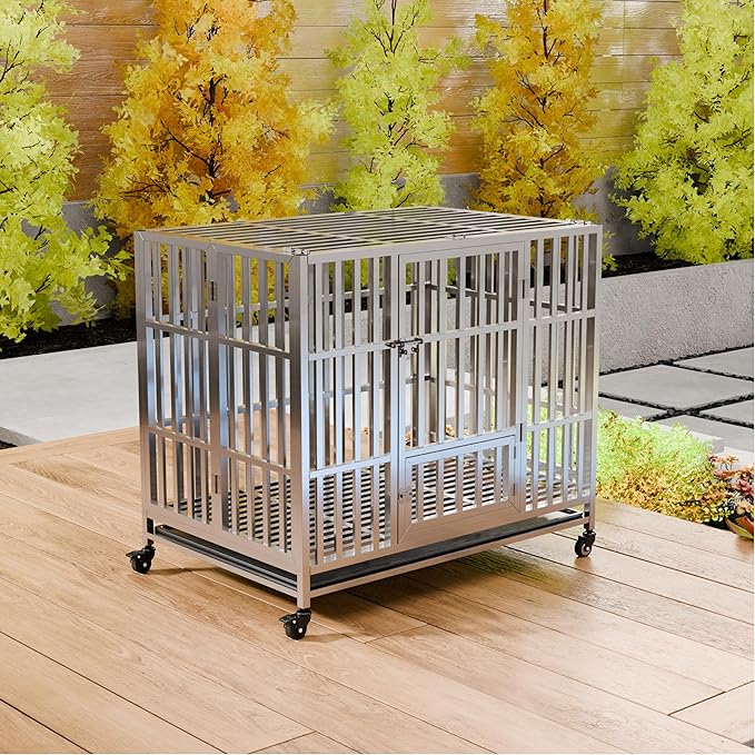 37" 42" 48" Heavy Duty Dog cage Stainless Steel Metal Kennel and Crate, Collapsible for Medium to Large Dogs, Easy to Assemble pet Pen with Four Lockable Wheels, Black Tray (42in)