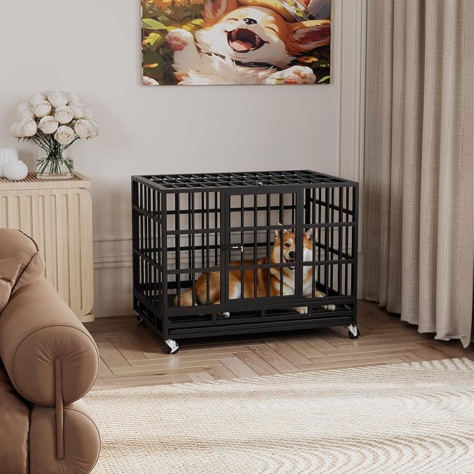 Greesum 38 INCH Heavy Duty Indestructible Dog Crate for Large Dog, Escape Proof Dog Cage Kennel, Extra Large Crate Indoor with High Anxiety Double Door, Lockable Wheels, Removable Tray