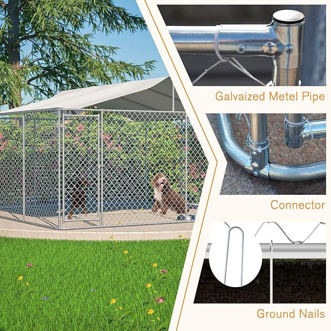 Large Outdoor Dog Kennel, Heavy Duty Galvanized Steel Dog Enclosure, Chicken Coop w/ Waterproof UV-Resistant Cover, Lockable Door Chain Link for Small & Large Pets, Backyard-157.2"L x 157.2"W x 91.2"H