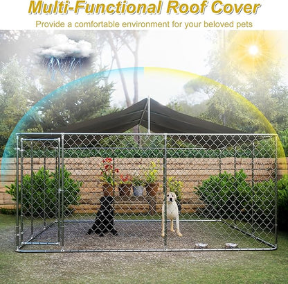 Outdoor Dog Kennel Dog Crate with Lockable Swing Gate,Water & UV Resistant Dog Enclosure Outdoor W/Pitched Roof,Heavy Duty Dog Pens Dog House Outside for Large Dogs,Gray(157"x 157")