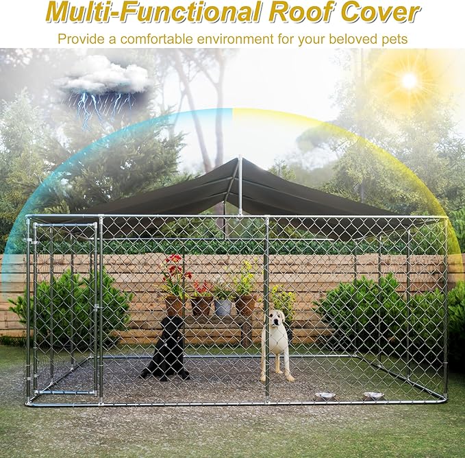 Large Outdoor Dog Cage with UV and Waterproof Cover,Metal Galvanized Rustproof Outdoor Puppy Fence,W/Security Door,Heavy Duty Kennel for Farm & Garden,Silver 13.1'Lx13.1'Wx5.8'H