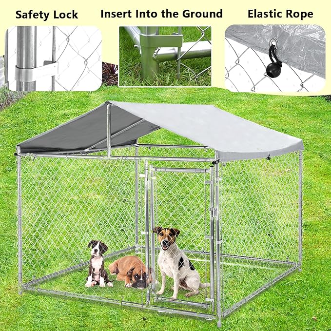 Large Outdoor Dog Kennel, 6.6 ×6.6×5.6FT Dog House, Enclosure with UV-Resistant Waterproof Cover, Dog Cage Outside with Galvanized Chain Link, Safe Lock for Yard