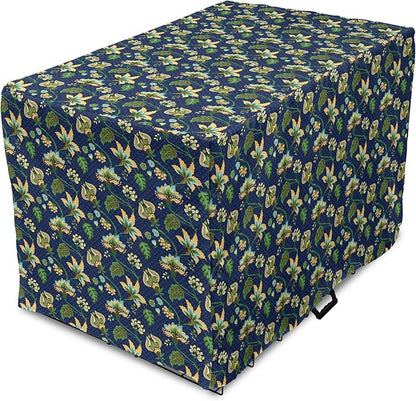 Lunarable Jacobean Dog Crate Cover, Triangles with Floral Pattern Stalks Leaves Flowers Whimsical Nature, Easy to Use Pet Kennel Cover for Cats & Medium Dogs, 30 Inch, Dark Blue Green Mustard