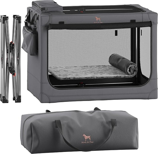 Noah & Paw Collapsible Dog Crate 30 Inches, Large Dog Crate for Large Medium Breeds, Travel Kennel for Car, Including Pet Mat for Pet Cage, 2 Storage Pockets, Handbag, 10mm Locking Zipper 30*21*21