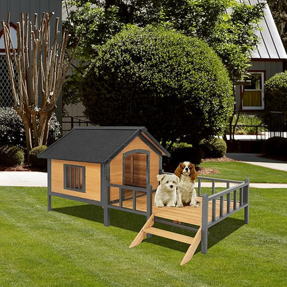 Ball & Cast 67" Outdoor Wooden Dog House with Waterproof Asphalt Roof,All-Around Iron Frame Kennel with Resting Porch for Large Dogs(71-90 lbs),Durable Yard Cabin for Pets,Honey
