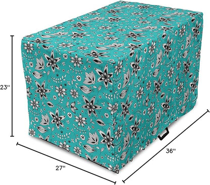 Lunarable Flower Dog Crate Cover, Abstract Monochrome Floral with Botanical Items, Easy to Use Pet Kennel Cover for Medium Large Dogs, 36 Inch, Seafoam Grey
