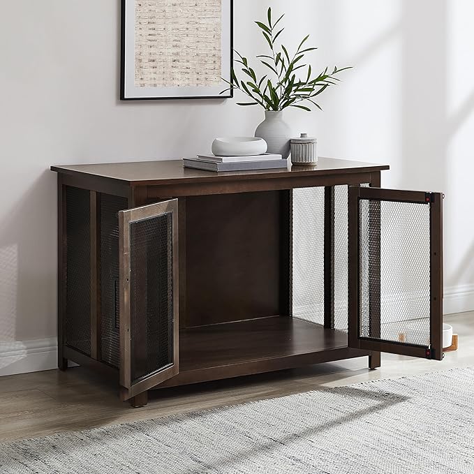 Crosley Furniture Dane Credenza Console Table Dog Crate Kennel for Pets, Brown