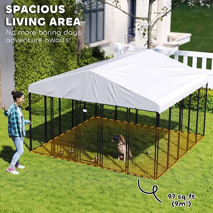 PawHut 9.8' x 9.8' x 6.8' Outdoor Dog Kennel, Welded Wire Heavy Duty Dog Run with 360° Rotating & 4 Level Adjustable Bowls, Dog Kennel Outside with Waterproof & UV Resistant Cover, for S&M&L Dogs