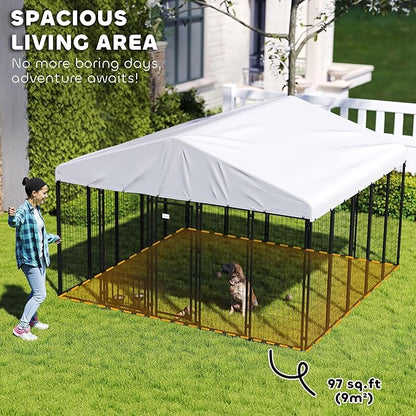 PawHut 9.8' x 9.8' x 6.8' Outdoor Dog Kennel, Welded Wire Heavy Duty Dog Run with 360° Rotating & 4 Level Adjustable Bowls, Dog Kennel Outside with Waterproof & UV Resistant Cover, for S&M&L Dogs