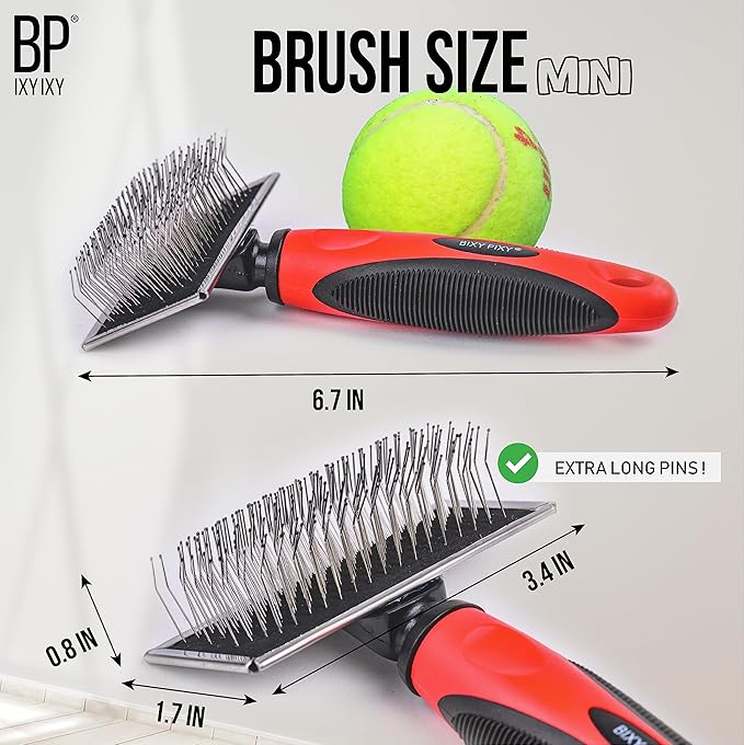 Mini Brush for Dogs and Cats - Coated Tips Massage Skin - Long Pins Remove Mats, Tangles in Long and Poodle Fur