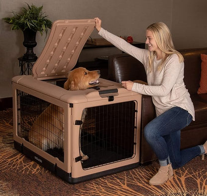 Pet Gear “The Other Door” 4 Door Steel Crate for Dogs/Cats with Garage-Style Door, Includes Plush Bed + Travel Bag, No Tools Required, Beige